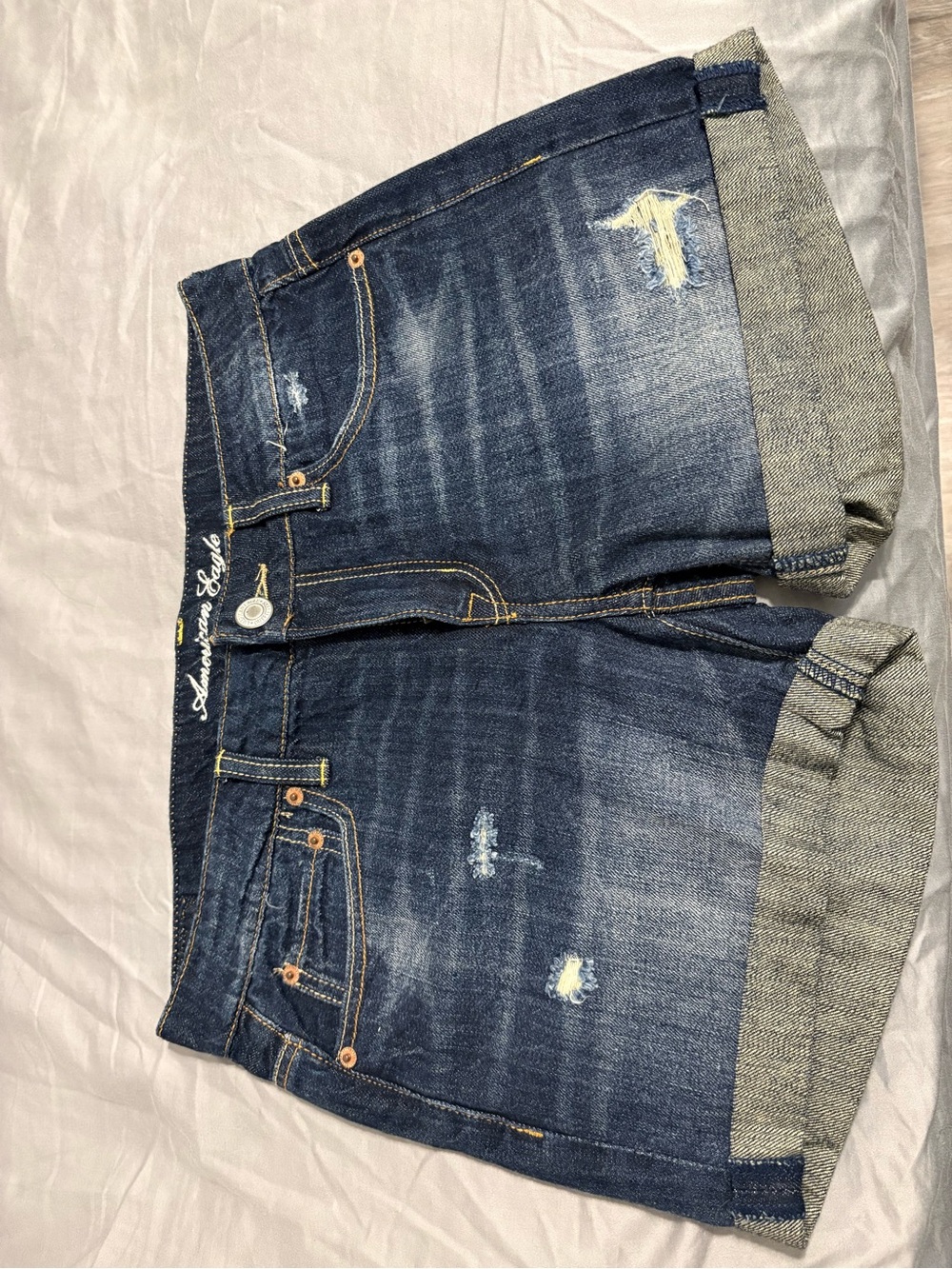 American Eagle Outfitters Dark Blue Distressed Denim Cuffed Shorts